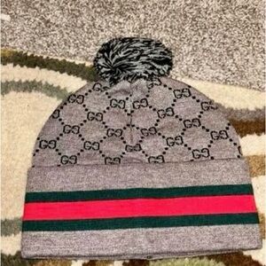 Gucci Gray Beanie with Red and Green Stripes
